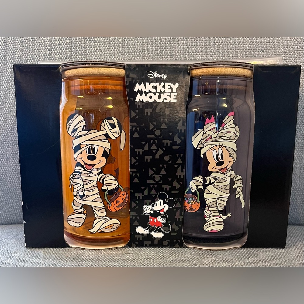 Disney Mickey & Minnie Glass Tumblers With Straws Set, New